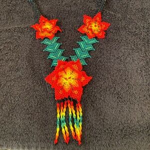 Handmade Huichol bead flower necklace/w 3 large red & orange flowers w/ green